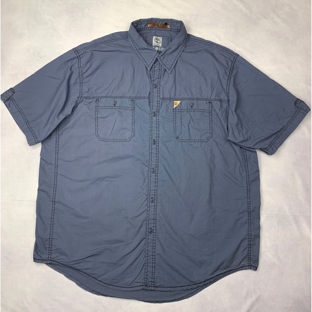 Timberland Mens XL Short Sleeve Button Down Shirt Slate Blue Cotton 58DB555
